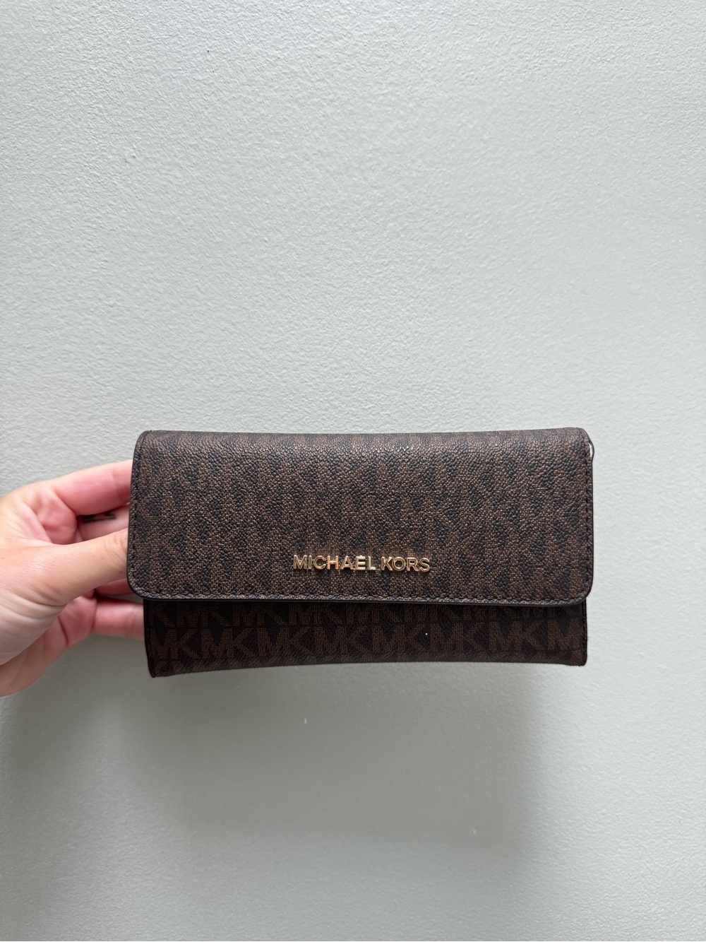 Michael Kors Brown Monogram Continental Wallet with Gold Logo